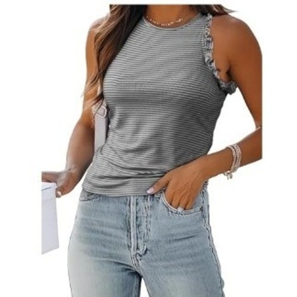 Striped Tank Top Women XL Black White Ruffle Trim Ribbed Knit Casual Modern NWT